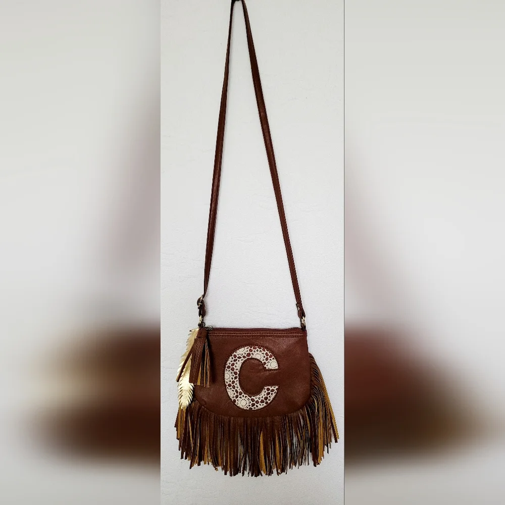 Justice Boho Fringe Faux Leather Crossbody Bag Letter 